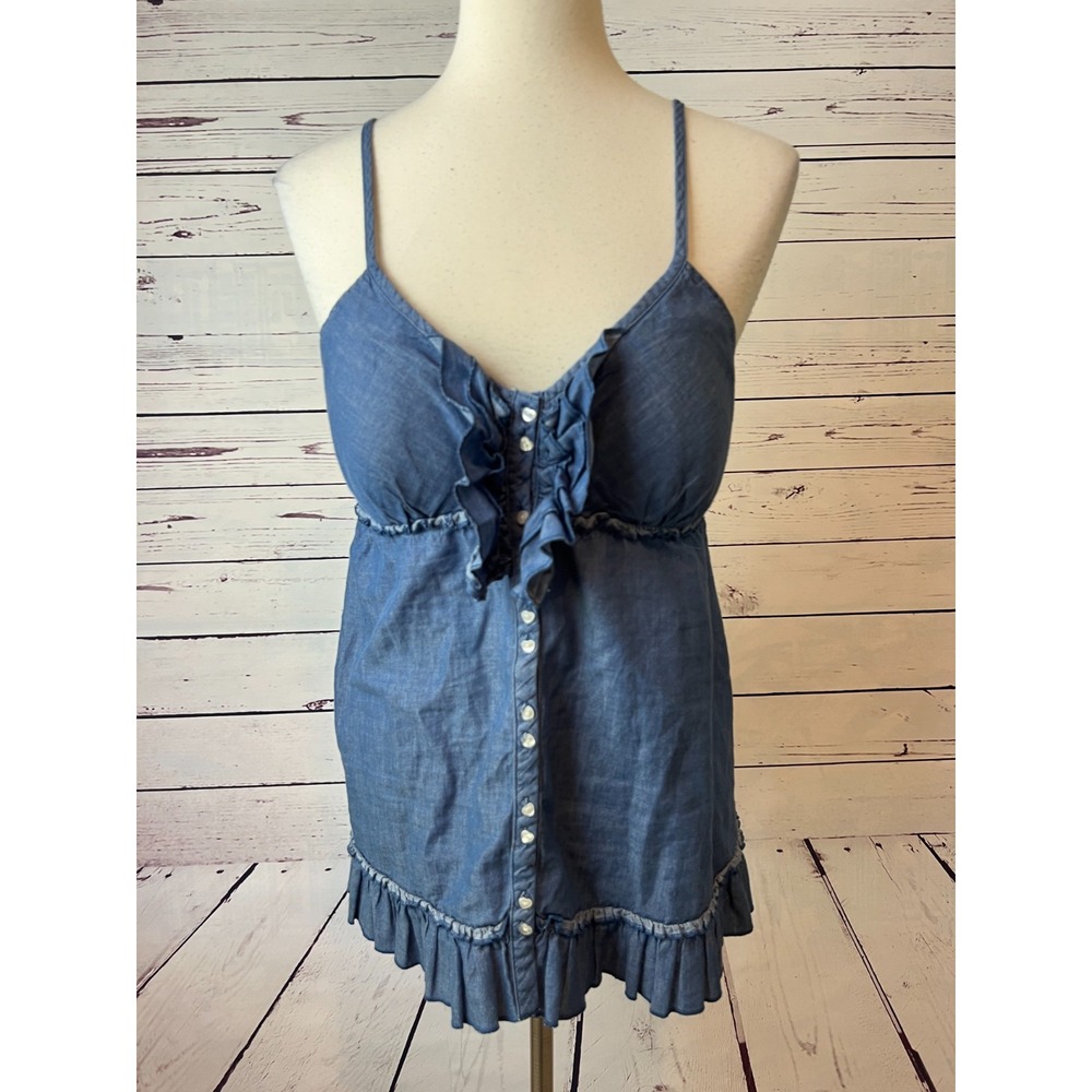 LEI Denim Shirt Halter Top XL Babydoll‎ Cami Tank Top Y2K Ruffle Smocked Jean
